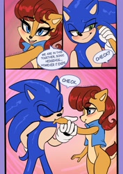Size: 1448x2048 | Tagged: safe, artist:gummierat, sally acorn, sonic the hedgehog, chipmunk, hedgehog, 2026, abstract background, blushing, dialogue, duo, english text, eyes closed, holding another's hand, kiss, kiss on hand, looking at each other, male, redraw, sally x sonic, sally's vest and boots, shipping, smile, smiling at each other, speech bubble, straight