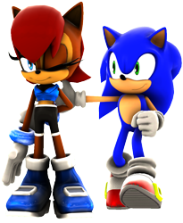 Size: 870x1063 | Tagged: safe, artist:mintenndo, artist:nikfan01, sally acorn, sonic the hedgehog, chipmunk, hedgehog, 2015, 3d, comforting, duo, male, one eye closed, sally x sonic, sally's ringblader outfit, shipping, source filmmaker, standing, straight, transparent background, walking