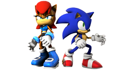 Size: 2120x1192 | Tagged: safe, artist:longsword97, sally acorn, sonic the hedgehog, chipmunk, hedgehog, 2014, 3d, comforting, duo, fighting pose, looking offscreen, male, pose, sally x sonic, sally's ringblader outfit, shipping, source filmmaker, straight, transparent background