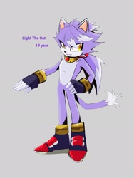 Size: 1536x2048 | Tagged: safe, artist:sora_drawing_0, oc, oc:light the cat (sora drawing 0), cat, 2023, english text, fankid, grey background, looking at viewer, male, parent:blaze, parent:silver, parents:silvaze, pose, simple background, solo, standing