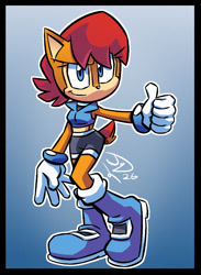 Size: 880x1200 | Tagged: safe, artist:jaziferret, sally acorn, chipmunk, 2026, female, looking at viewer, redraw, sally's ringblader outfit, simple background, smile, smiling at viewer, solo, standing, thumbs up