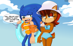 Size: 3901x2471 | Tagged: safe, artist:sallyrose975, sally acorn, sonic the hedgehog, chipmunk, hedgehog, 2025, arm bands, bikini, clouds, daytime, dialogue, duo, english text, food, hat, holding something, ice cream, life jacket, male, sally x sonic, shipping, speech bubble, straight, swimming tube, swimsuit, walking