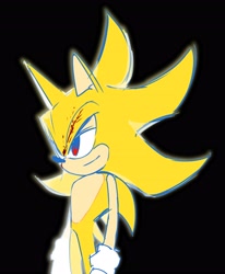 Size: 3378x4096 | Tagged: safe, artist:guitar_00000001, sonic the hedgehog, super sonic, 2026, black background, blood, blood on face, lidded eyes, simple background, solo, standing, super form