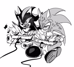 Size: 4096x3719 | Tagged: safe, artist:guitar_00000001, shadow the hedgehog, sonic the hedgehog, 2026, cross popping vein, duo, gaming, gaming controller, greyscale, korean text, monochrome, mouth open, playing videogame, simple background, sitting, white background