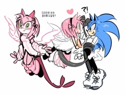 Size: 4096x3106 | Tagged: safe, artist:guitar_00000001, amy rose, sonic the hedgehog, 2026, alternate outfit, amy x sonic, blushing, duo, heart, korean text, looking at each other, looking at them, looking at viewer, mouth open, shipping, simple background, smile, straight, white background, wings