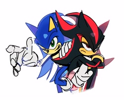Size: 4096x3304 | Tagged: safe, artist:guitar_00000001, shadow the hedgehog, sonic the hedgehog, 2026, arms folded, duo, frown, simple background, smile, standing, standing on one leg, white background, wink