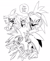 Size: 3322x4096 | Tagged: safe, artist:guitar_00000001, jet the hawk, sonic the hedgehog, 2026, cross popping vein, duo, eyes closed, goggles, goggles on head, greyscale, head rest, korean text, looking at each other, looking at them, monochrome, simple background, sketch, smile, sonic riders, speech bubble, standing, white background