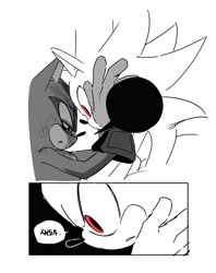 Size: 3250x4096 | Tagged: safe, artist:guitar_00000001, shadow the hedgehog, sonic the hedgehog, 2026, comic, duo, gay, greyscale, hands on another's face, korean text, lidded eyes, looking at each other, looking at them, monochrome, mouth open, shadow x sonic, shipping, simple background, speech bubble, spot color, white background