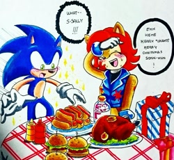 Size: 1007x925 | Tagged: safe, artist:hanoi-chan25201, sally acorn, sonic the hedgehog, chipmunk, hedgehog, 2015, blushing, bottle, burger, chili dog, christmas, dialogue, dirty, drink, duo, english text, female, food, gift box, hot dog, ketchup, male, sally x sonic, sally's ringblader outfit, shipping, sparkles, speech bubble, straight, sweatdrop, table, traditional media, turkey
