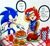 Size: 1007x925 | Tagged: safe, artist:hanoi-chan25201, sally acorn, sonic the hedgehog, chipmunk, hedgehog, 2015, blushing, bottle, burger, chili dog, christmas, dialogue, dirty, drink, duo, english text, female, food, gift box, hot dog, ketchup, male, sally x sonic, sally's ringblader outfit, shipping, sparkles, speech bubble, straight, sweatdrop, table, traditional media, turkey