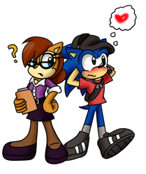 Size: 1024x1222 | Tagged: safe, artist:nicoledoodle64, sally acorn, sonic the hedgehog, chipmunk, hedgehog, 2016, blushing, cap, clothes, cosplay, duo, female, fully clothed, glasses, hat, heart, holding something, looking at them, male, miss pauling (team fortress 2), question mark, sally x sonic, scout (team fortress 2), shipping, simple background, straight, team fortress 2, thinking, white background
