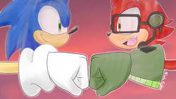 Size: 1920x1080 | Tagged: safe, artist:nicoledoodle64, gadget the wolf, sonic the hedgehog, hedgehog, wolf, 2017, duo, fist, fistbump, glasses, headset, looking at each other, male, red background, simple background, smile, smiling at each other