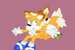 Size: 1200x800 | Tagged: safe, mangey, miles "tails" prower, fox, sonic prime, :3, anonymous artist, arms out, blue shoes, brown tipped ears, duo, duo male, eyes closed, hugging, hugging from behind, kneeling, looking at them, looking back, looking back at them, male, self paradox, simple background, sitting, smile