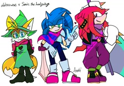 Size: 1446x1000 | Tagged: safe, artist:aoshibazakura95, knuckles the echidna, miles "tails" prower, sonic the hedgehog, 2025, axe, clothes, cosplay, crossover, deltarune, glasses, hat, heart, holding something, lidded eyes, looking at viewer, simple background, smile, smiling at viewer, standing, sword, team sonic, trio, weapon, white background