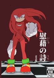 Size: 1405x2028 | Tagged: safe, artist:aoshibazakura95, knuckles the echidna, chess, chessboard, comic cover, holding something, looking at viewer, red background, simple background, solo, standing
