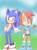 Size: 1024x1366 | Tagged: safe, artist:thesilver189, nicole the handheld, sally acorn, sonic the hedgehog, chipmunk, hedgehog, 2015, archie sonic the hedgehog, daytime, duo, female, grass, grass field, holding something, looking at viewer, male, pointing, sally x sonic, sally's ringblader outfit, shipping, standing, straight