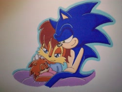 Size: 3664x2748 | Tagged: safe, artist:azumiangel, sally acorn, sonic the hedgehog, oc, chipmunk, hedgehog, 2009, baby, blanket, carrying them, cute, father and child, father and daughter, female, looking at them, lying down, male, mother and child, mother and daughter, sally x sonic, shipping, simple background, sitting, sleeping, smile, smiling at them, straight, trio, unnamed oc, white background