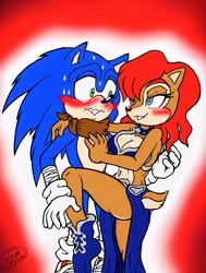 Size: 1064x1404 | Tagged: safe, artist:mel-sky, sally acorn, sonic the hedgehog, chipmunk, hedgehog, 2022, blushing, busty sally, cosplay, duo, female, leia slave outfit, looking at each other, male, sally x sonic, scarf, shipping, shy, simple background, smile, smiling at them, sonic boom (tv), star wars, straight, sweatdrop
