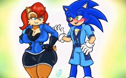 Size: 1728x1068 | Tagged: safe, artist:mel-sky, sally acorn, sonic the hedgehog, chipmunk, hedgehog, 2023, alternate outfit, alternate universe, blushing, busty sally, clothes, duo, female, looking at each other, male, sally x sonic, seductive, shipping, simple background, straight