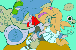 Size: 1217x810 | Tagged: safe, artist:yoviana723, sonic the hedgehog, tikal, ..., 2026, alternate outfit, alternate shoes, duo, hat, mouth open, shipping, simple background, sitting, skirt, sonic x tikal, straight, turquoise background, v sign