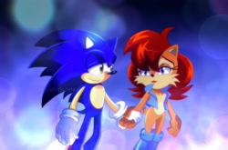 Size: 3131x2063 | Tagged: safe, artist:alexmontyart, sally acorn, sonic the hedgehog, chipmunk, hedgehog, 2025, duo, female, holding hands, k-pop demon hunters, looking at each other, male, redraw, sally x sonic, sally's vest and boots, shipping, smile, smiling at each other, straight, watermark