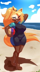 Size: 2108x3746 | Tagged: safe, artist:makoface, whisper the wolf, wolf, beach, clouds, daytime, eye clipping through hair, female, hand behind head, holding something, mouth open, open smile, outdoors, sand, smile, solo, volleyball, water, wetsuit