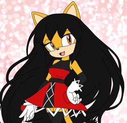 Size: 909x879 | Tagged: safe, artist:isaahvieiraa2010, honey the cat, cat, abstract background, alternate hairstyle, female, hand on hip, hands on hips, head tilt, lidded eyes, long hair, looking at viewer, mouth open, needs more jpeg, open smile, pose, smile, smiling at viewer, solo