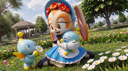 Size: 3578x1997 | Tagged: safe, ai art, cream the rabbit, chao, rabbit, ai, ai generated, blue dress, bonnet, costume, dress, flower, flower crown, flower garden, flowers, garden, mary-janes, park, realistic