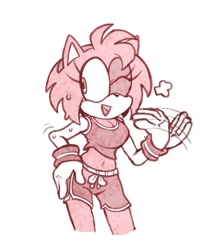 Size: 1208x1380 | Tagged: safe, artist:andrerrr127, artist:fishibi, amy rose, hedgehog, female, hand on hip, shorts, solo, solo female, sweat, white background, workout outfit