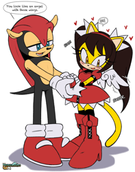 Size: 3074x3892 | Tagged: safe, artist:pepamintopatty, mighty the armadillo, armadillo, cat, 2023, blushing, dialogue, duo, english text, female, heart, holding hands, honey the vat, honey x mighty, looking at them, male, shipping, shy, simple background, speech bubble, standing, straight, white background