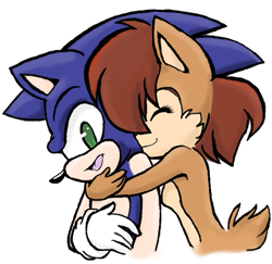 Size: 539x524 | Tagged: safe, artist:un-genesis, sally acorn, sonic the hedgehog, chipmunk, hedgehog, 2009, duo, eyes closed, female, hugging, hugging from behind, looking at them, looking back, male, mouth open, no pupils, open smile, sally x sonic, shipping, simple background, smile, straight, white background