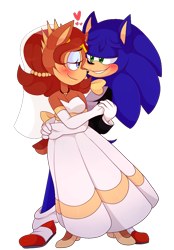 Size: 660x950 | Tagged: safe, artist:sammi-sprinkles, sally acorn, sonic the hedgehog, chipmunk, hedgehog, 2015, alternate outfit, clothes, dancing, dress, duo, female, heart, holding hands, looking at each other, male, sally x sonic, shipping, simple background, straight, suit, transparent background