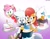 Size: 2048x1592 | Tagged: safe, artist:fartist2020, amy rose, rouge the bat, sally acorn, tangle the lemur, bat, chipmunk, hedgehog, lemur, cake, candle, diamond, fat sally acorn, female, food, holding something, looking at viewer, plate, quartet, sally's ringblader outfit, simple background