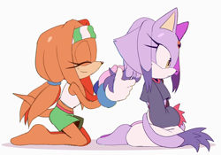 Size: 850x595 | Tagged: safe, artist:twistedsquid, blaze the cat, tikal, cat, echidna, alternate outfit, duo, eyes closed, female, frown, kneeling, looking offscreen, simple background, sitting, smile, white background