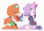 Size: 850x595 | Tagged: safe, artist:twistedsquid, blaze the cat, tikal, cat, echidna, alternate outfit, duo, eyes closed, female, frown, kneeling, looking offscreen, simple background, sitting, smile, white background