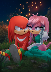 Size: 705x1000 | Tagged: safe, artist:dannyckoo, julie-su, knuckles the echidna, echidna, 2020, cybernetic, duo, grass, hand on another's shoulder, julie-su x knuckles, lamp, looking at each other, male, nighttime, outdoors, shipping, sitting, star (sky), straight