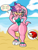 Size: 1200x1600 | Tagged: safe, artist:bomba_world12, artist:someth1ngoa, julie-su, knuckles the echidna, bird, echidna, 2022, beach, blushing, busty julie-su, cybernetic, daytime, dialogue, english text, julie-su x knuckles, literal animal, looking at each other, male, outdoors, sandals, seagull, shipping, solo, speech bubble, straight, swimsuit, volleyball, water