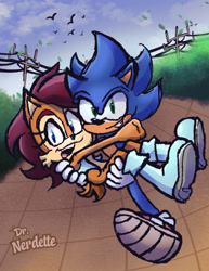 Size: 1582x2048 | Tagged: safe, artist:drnerdette, sally acorn, sonic the hedgehog, chipmunk, hedgehog, 2026, carrying them, daytime, duo, electric pole, falling leaves, female, grin, looking at viewer, male, mouth open, open smile, outdoors, plant, redraw, road, running, sally x sonic, sally's vest and boots, shipping, smile, straight, treads