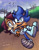 Size: 1582x2048 | Tagged: safe, artist:drnerdette, sally acorn, sonic the hedgehog, chipmunk, hedgehog, 2026, carrying them, daytime, duo, electric pole, falling leaves, female, grin, looking at viewer, male, mouth open, open smile, outdoors, plant, redraw, road, running, sally x sonic, sally's vest and boots, shipping, smile, straight, treads