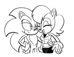 Size: 1165x901 | Tagged: safe, artist:chauvels, sally acorn, sonic the hedgehog, chipmunk, hedgehog, 2017, black and white, duo, eyes closed, female, hand on another's back, hand on hip, happy, looking at them, male, mouth open, open smile, sally x sonic, sally's ringblader outfit, shipping, simple background, smile, smiling at each other, straight, white background