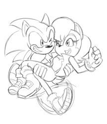 Size: 904x1045 | Tagged: safe, artist:chauvels, sally acorn, sonic the hedgehog, chipmunk, hedgehog, 2015, carrying them, duo, female, grin, looking at each other, male, mouth open, open smile, running, sally x sonic, sally's vest and boots, shipping, simple background, sketch, smile, smiling at each other, straight, treads, white background, wink