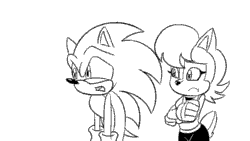 Size: 500x282 | Tagged: safe, artist:chauvels, sally acorn, sonic the hedgehog, chipmunk, hedgehog, 2017, angry, animated, black and white, complaining, duo, female, gif, looking at each other, looking offscreen, male, not amused, sally x sonic, sally's ringblader outfit, shipping, simple background, standing, straight, white background