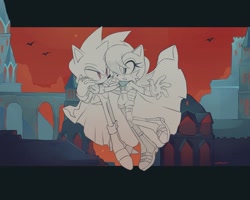 Size: 2048x1638 | Tagged: safe, artist:candleyy, sally acorn, sonic the hedgehog, bat, chipmunk, hedgehog, 2025, alternate outfit, building, cap, castle, clothes, duo, female, flying, hand on another's back, literal animal, male, monochrome, nighttime, red eyes, red sky, sally x sonic, shipping, straight, sweatdrop, vampire