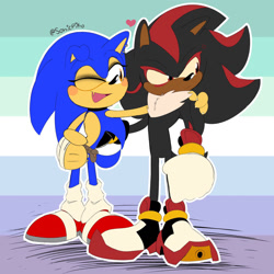 Size: 1280x1280 | Tagged: safe, artist:somebodystolemybread, shadow the hedgehog, sonic the hedgehog, 2026, duo, gay, heart, holding each other, mlm pride, outline, pride, pride flag, pride flag background, pride month, shadow x sonic, shipping, signature