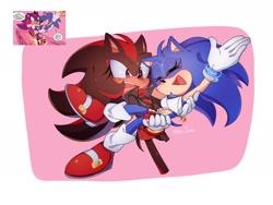 Size: 2048x1536 | Tagged: safe, artist:mimi_tuna, shadow the hedgehog, sonic the hedgehog, 2026, carrying them, duo, frown, gender swap, lesbian, mouth open, r63 shipping, redraw, reference inset, shadow x sonic, shipping, smile