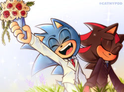 Size: 1350x1006 | Tagged: safe, artist:catnypdd, shadow the hedgehog, sonic the hedgehog, 2026, bouquet, cute, duo, eyes closed, gay, grass, holding hands, holding something, mouth open, shadow x sonic, shadowbetes, shipping, smile, sonabetes, walking, wedding, wedding suit
