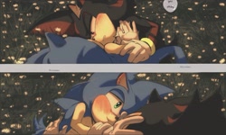 Size: 2048x1227 | Tagged: safe, artist:vinsoldier, shadow the hedgehog, sonic the hedgehog, 2025, blushing, comic, duo, flower, gay, grass, hugging, lidded eyes, looking at each other, lying down, lying on side, outdoors, shadow x sonic, shipping