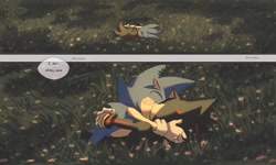Size: 2048x1232 | Tagged: safe, artist:vinsoldier, shadow the hedgehog, sonic the hedgehog, 2025, blushing, comic, duo, english text, eyes closed, flower, gay, grass, hugging, kiss, lying down, lying on side, outdoors, shadow x sonic, shipping, text