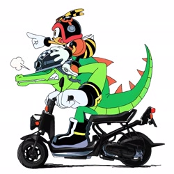 Size: 2048x2047 | Tagged: safe, artist:tokiwa757, charmy bee, vector the crocodile, duo, huffing, looking offscreen, male, motorcycle, pointing, side view, simple background, sweatdrop, white background