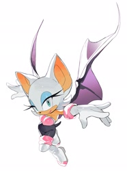 Size: 1524x2048 | Tagged: safe, artist:roastedgarlics2, rouge the bat, 2026, arms out, eyelashes, female, flying, from above, lidded eyes, looking at viewer, looking up, looking up at viewer, mid-air, simple background, smile, solo, white background